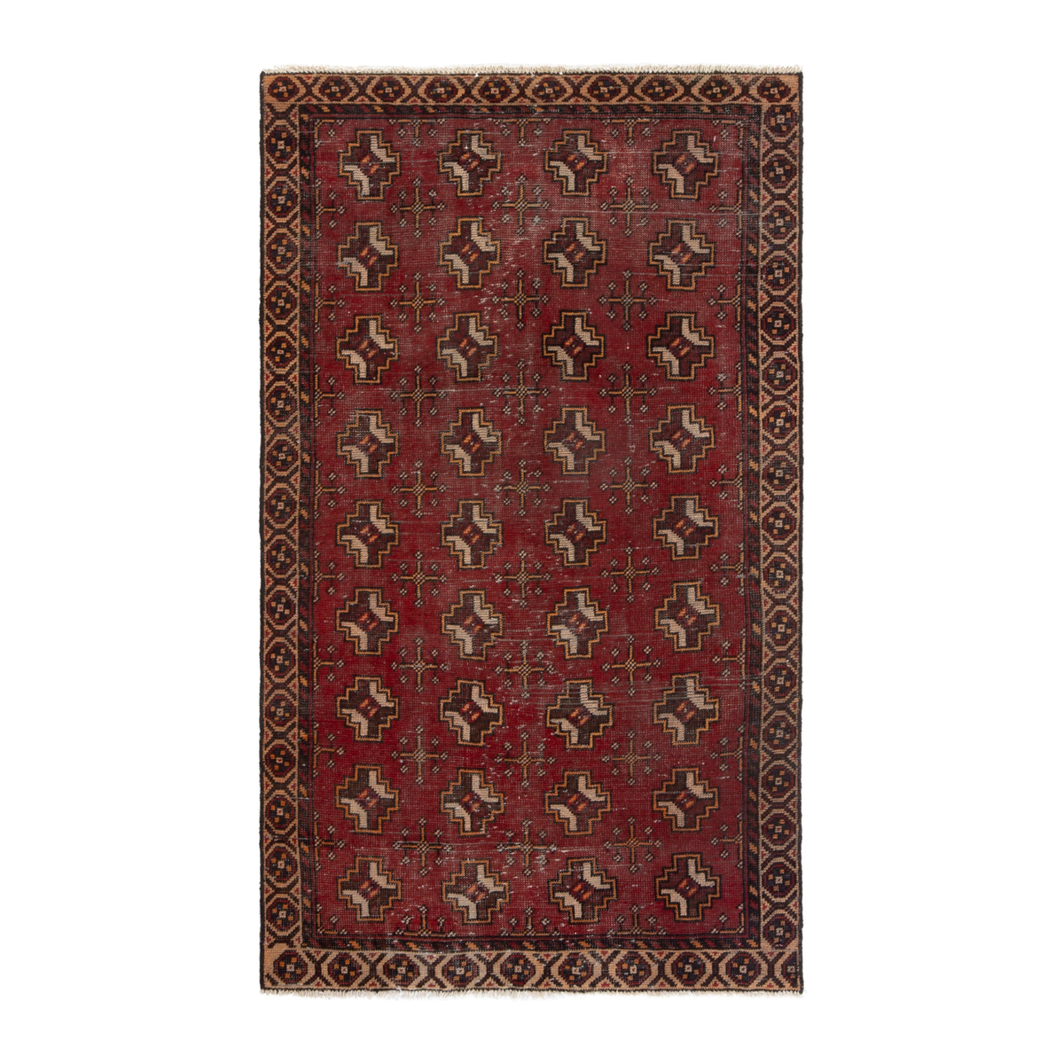 Persian Torkaman accent rug in deep red and tan, 3'6" x 6'1"