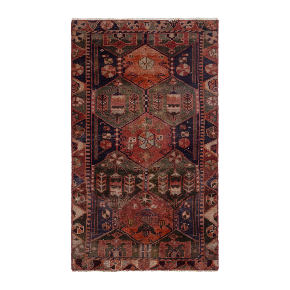 Persian Bakhtiari accent rug in navy and rust, 3'3" x 5'7"