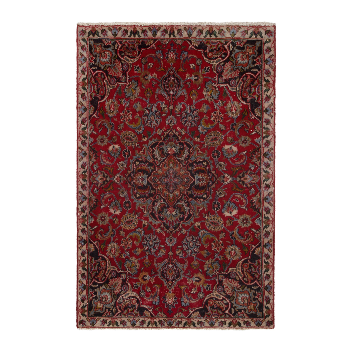 Persian Mashhad accent rug in deep red and faded red, 3'7" x 5'5"