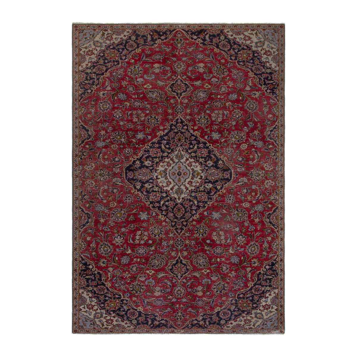Persian Kashan area rug in deep red and navy, 6'3" x 9'6"