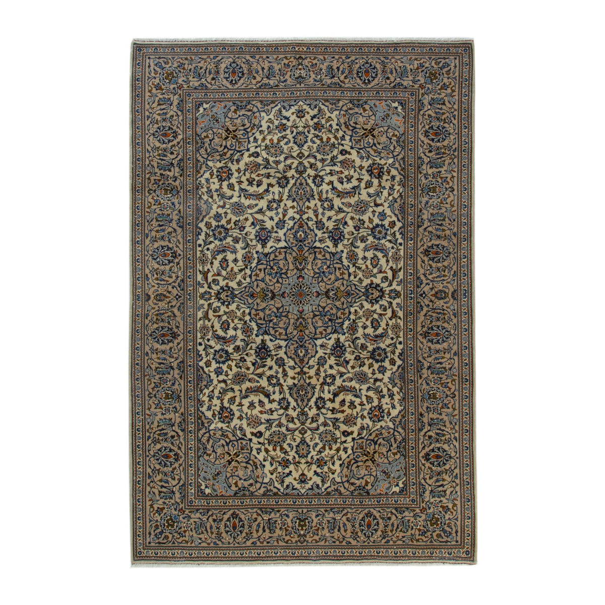 Persian Kashan area rug in ivory and dark blue, 6'7" x 10'
