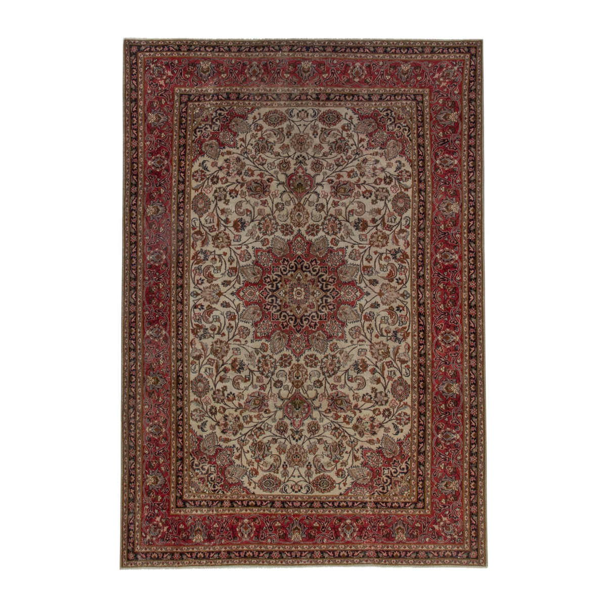 Persian Mashhad area rug in ivory and burgundy, 6'7" x 9'7"