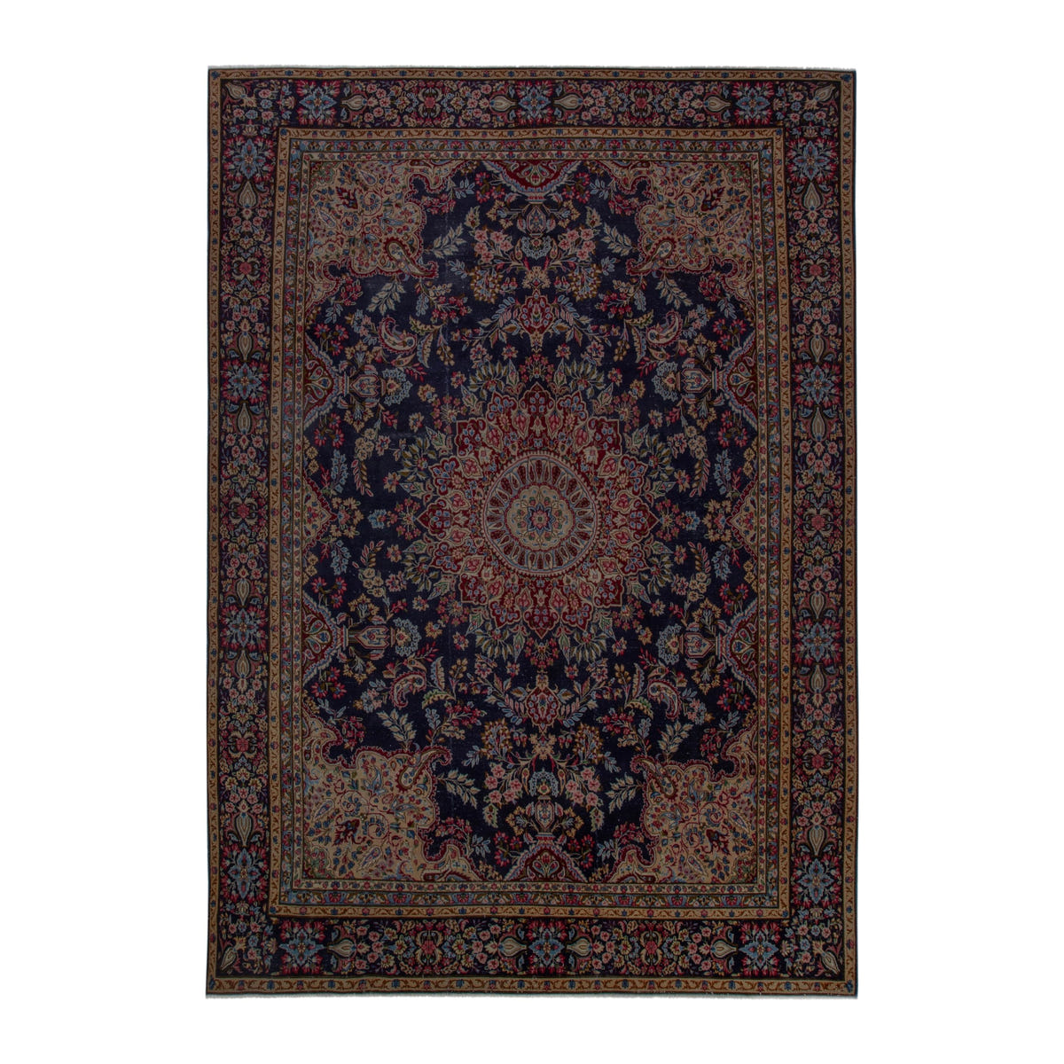 Persian Kerman oversized rug in navy and burgundy, 8'11" x 12'10"