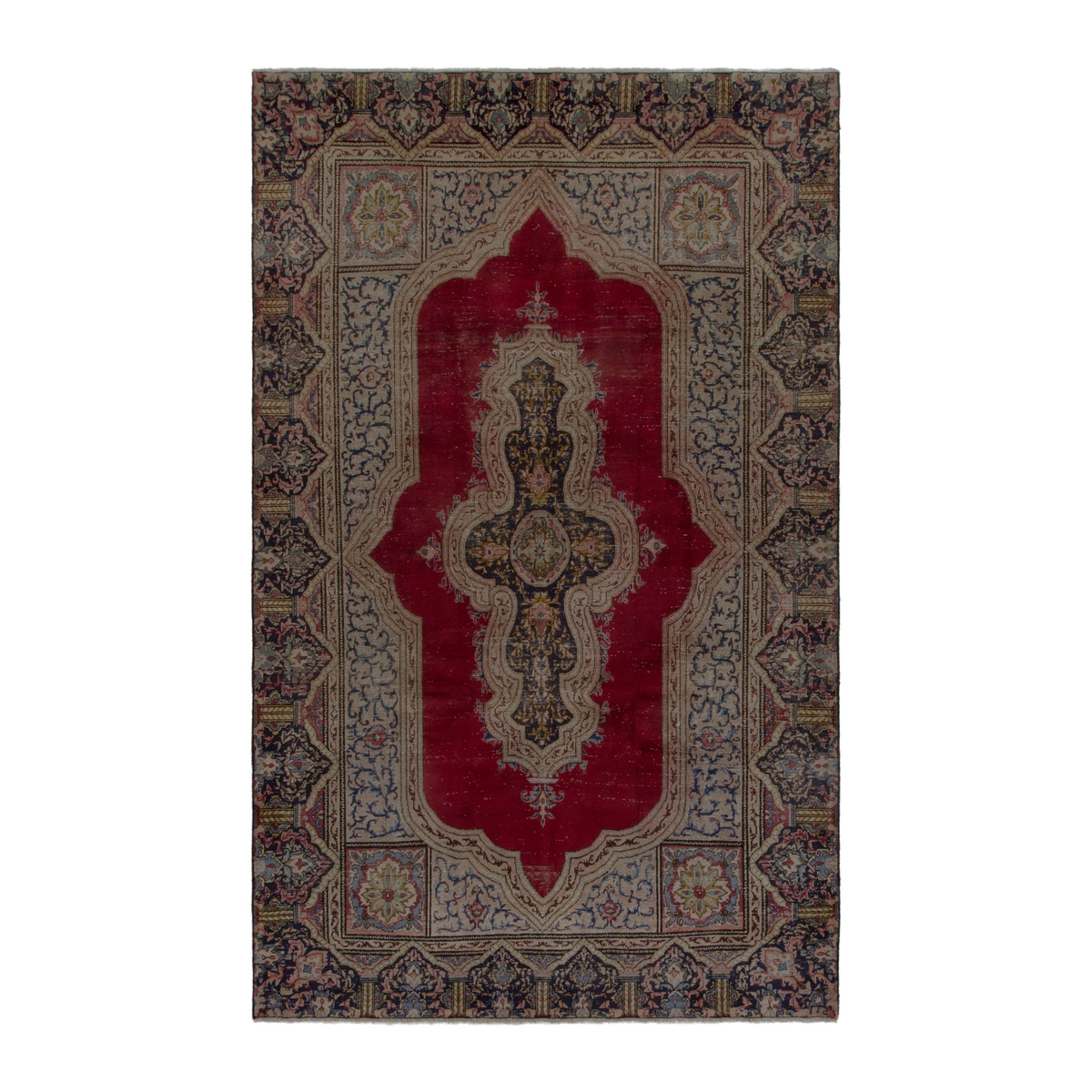 Persian Kerman area rug in cream and burgundy, 6'8" x 10'1"