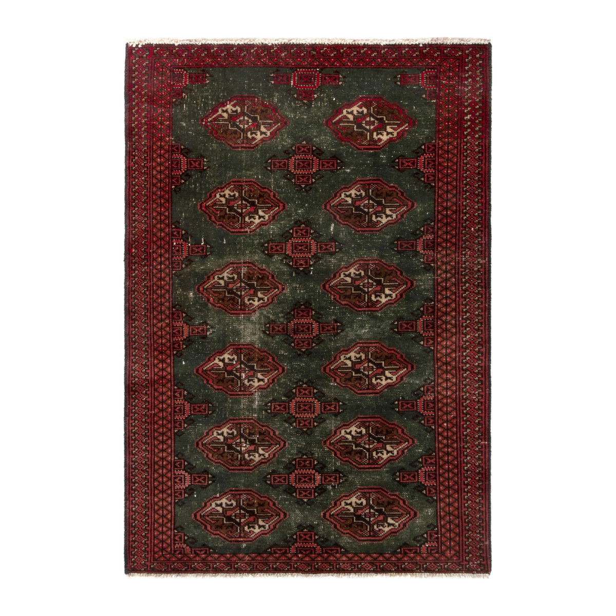 Persian Torkaman accent rug in forest and burgundy, 2'11" x 4'3"