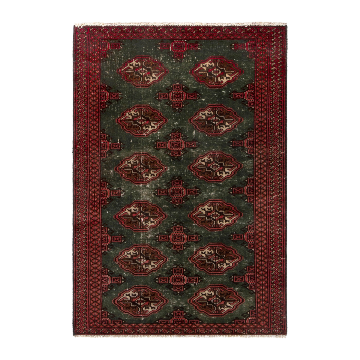 Persian Torkaman accent rug in forest and burgundy, 2'11" x 4'3"