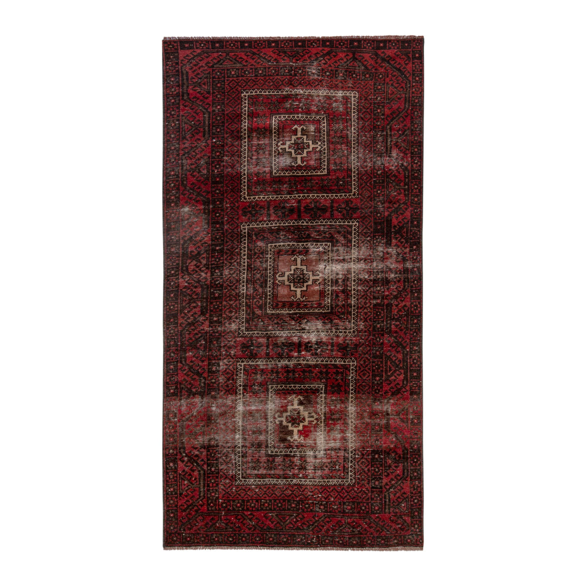 Persian Baluch runner rug in deep red and faded red, 3'8" x 7'5"