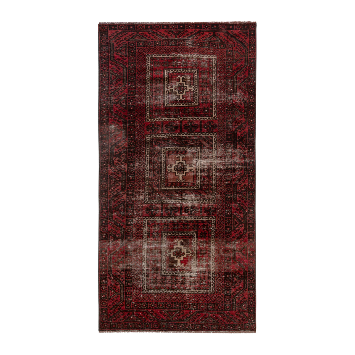 Persian Baluch runner rug in deep red and faded red, 3'8" x 7'5"