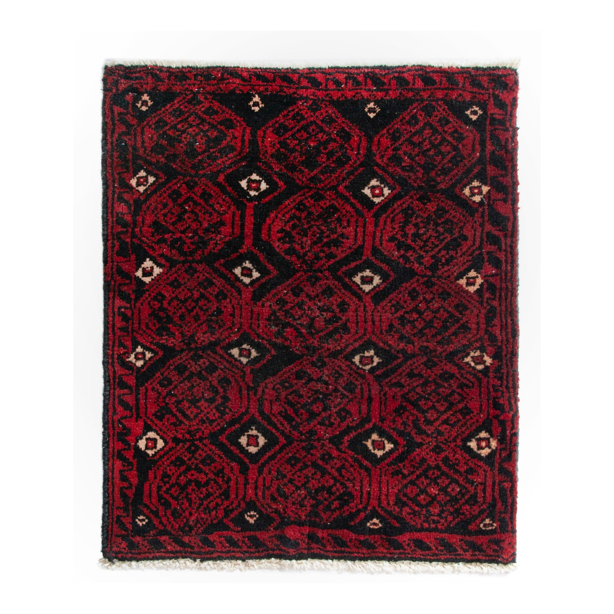 Persian Baluch accent rug in deep red and black cherry, 1'11" x 1'10"