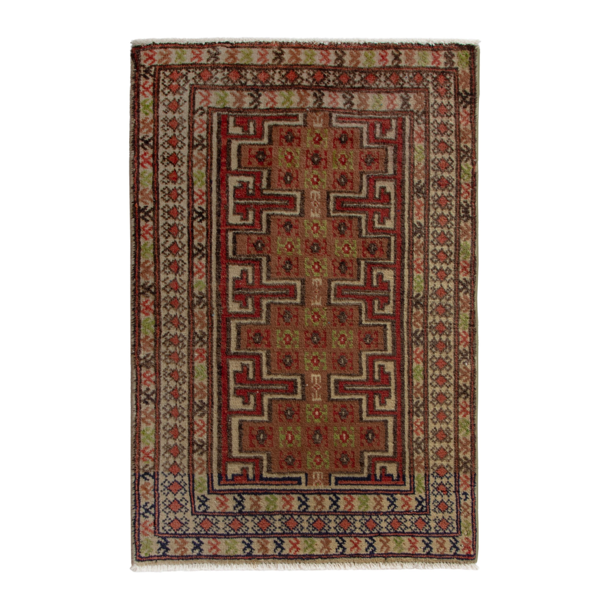 Persian Torkaman accent rug in tan and deep red, 2'2" x 3'3"