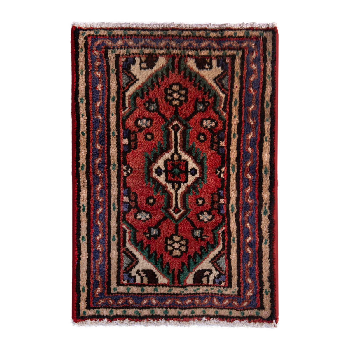 Persian Hamedan accent rug in deep red and dark blue, 1'8" x 2'4"