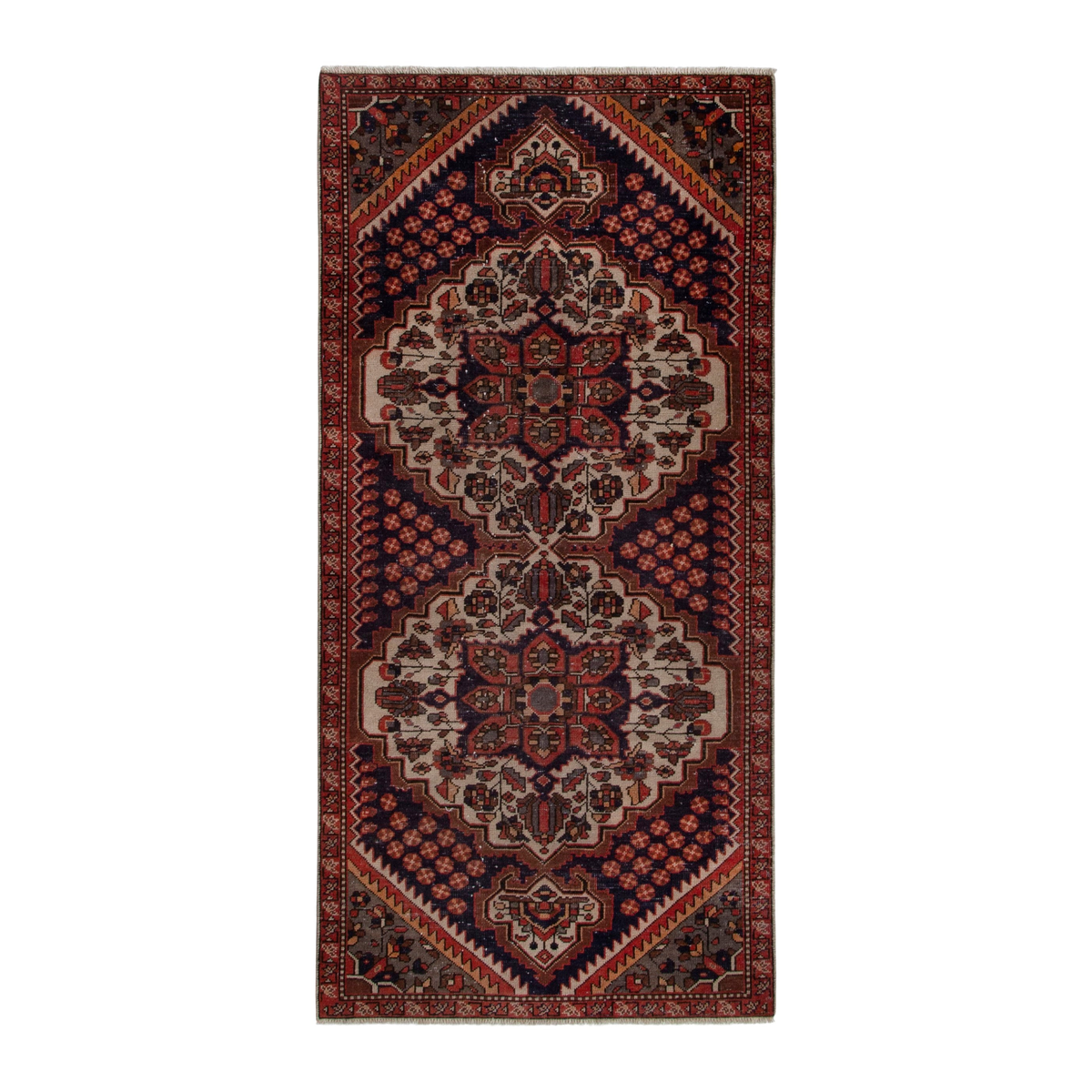 Persian Bakhtiari area rug in navy and cream, 4'2" x 8'11"