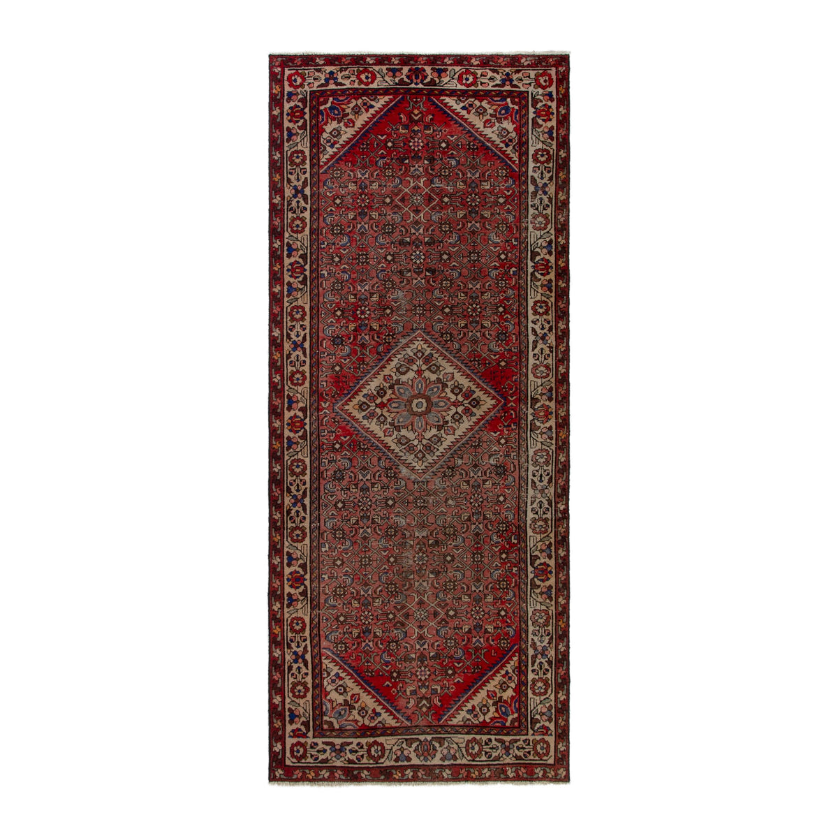 Persian Hamedan runner rug in deep red and cream, 3'11" x 9'11"