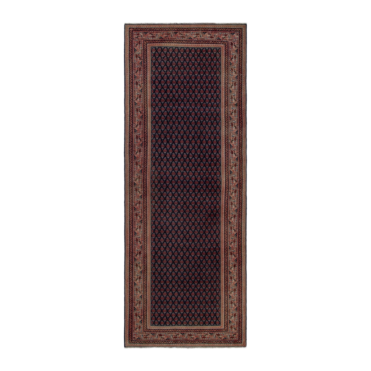 Persian Botteh area rug in navy and burgundy, 4' x 11'8"