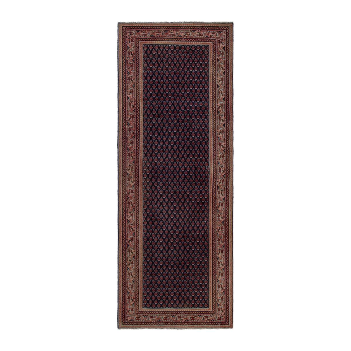 Persian Botteh area rug in navy and burgundy, 4' x 11'8"