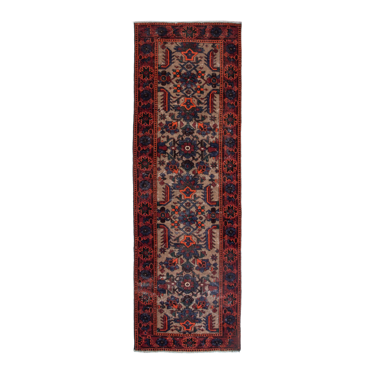 Persian Ferdos runner rug in cream and burgundy, 3'3" x 9'8"