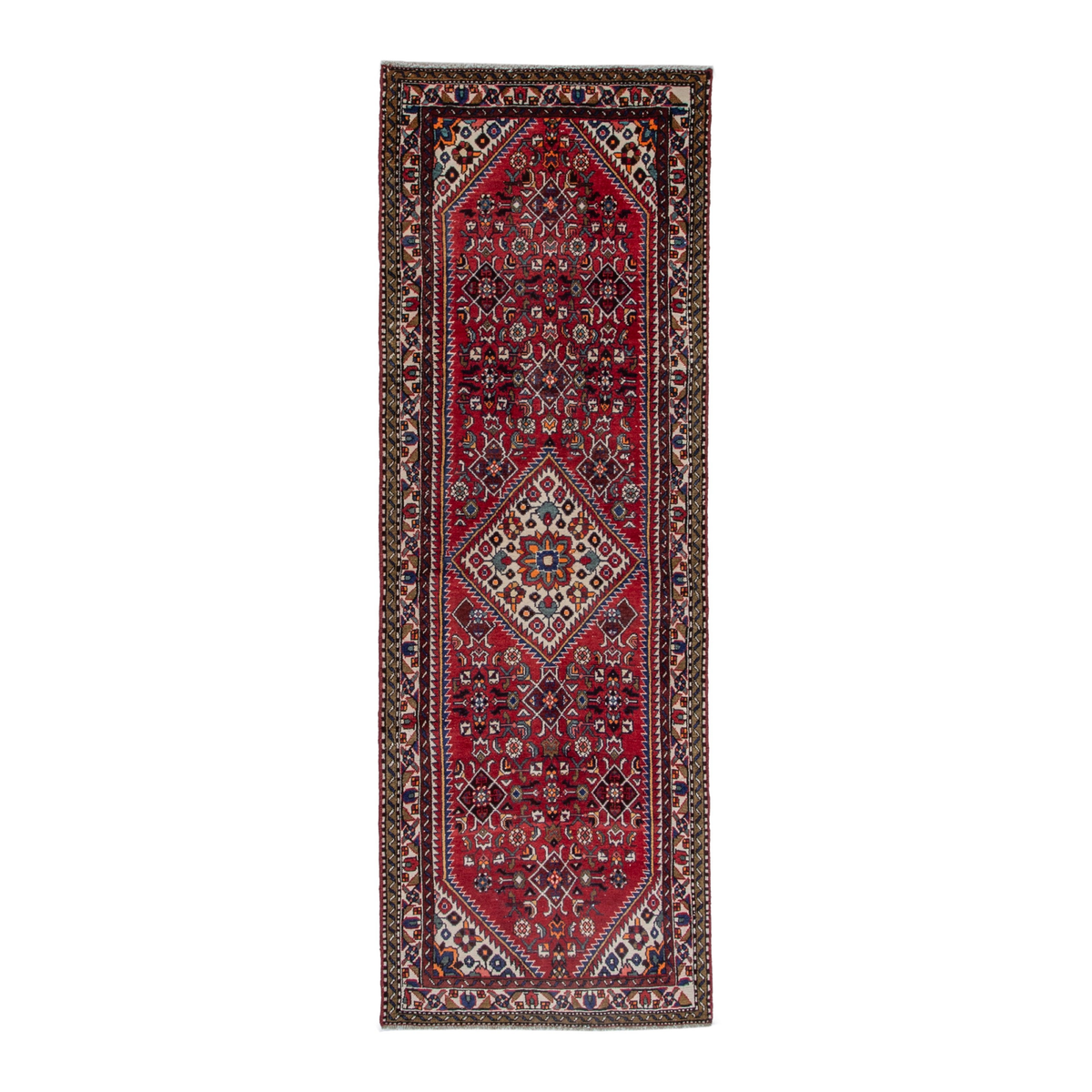 Persian Hamedan runner rug in burgundy and dark brown, 3'3" x 9'1"