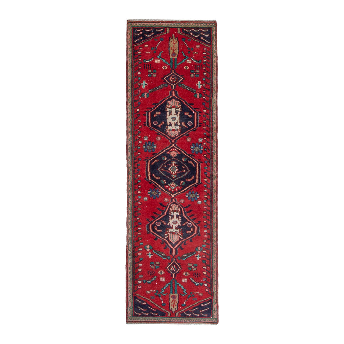 Persian Hamedan runner rug in deep red and dark blue, 2'6" x 8'4"