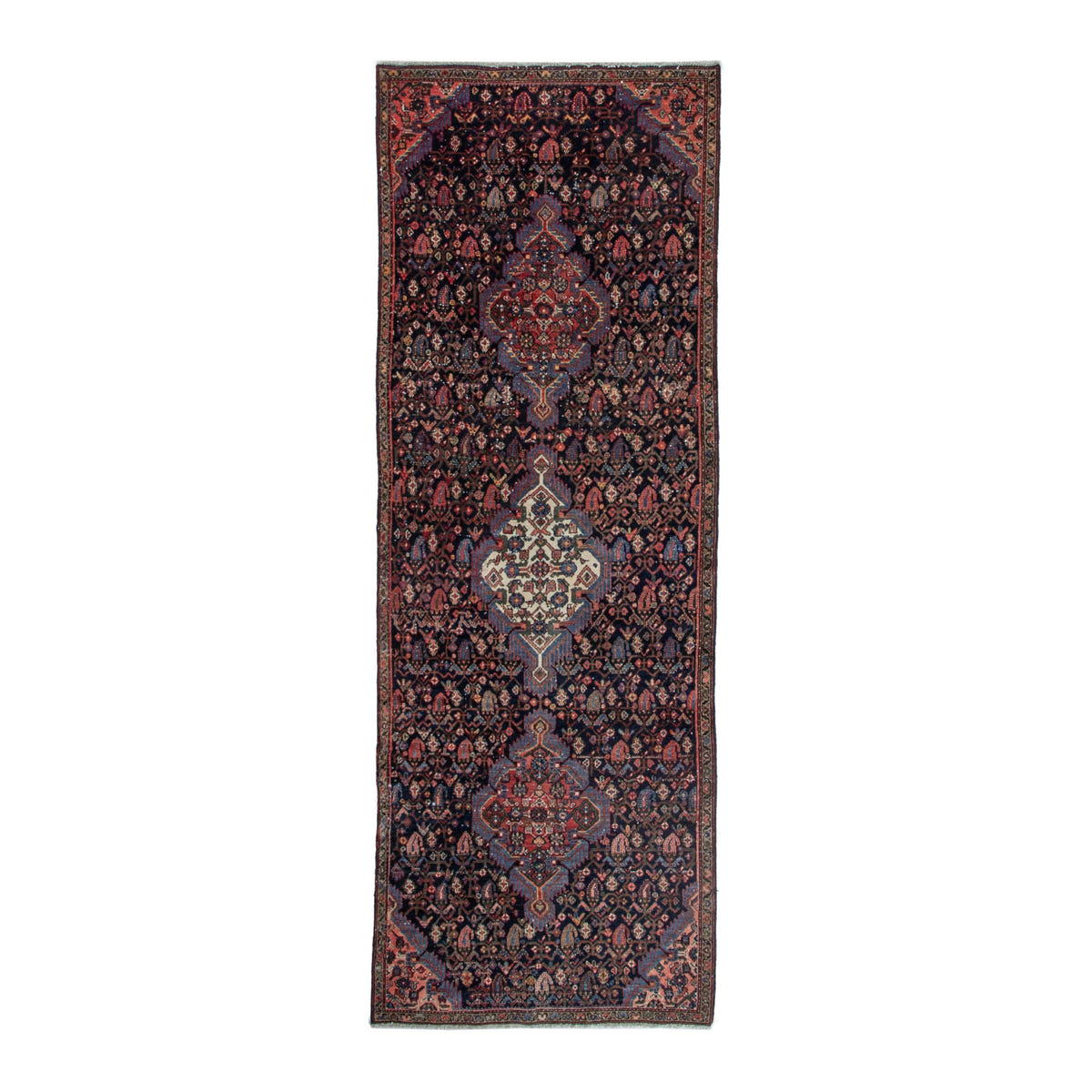 Persian Hamedan runner rug in navy and rose, 3'6" x 9'2"