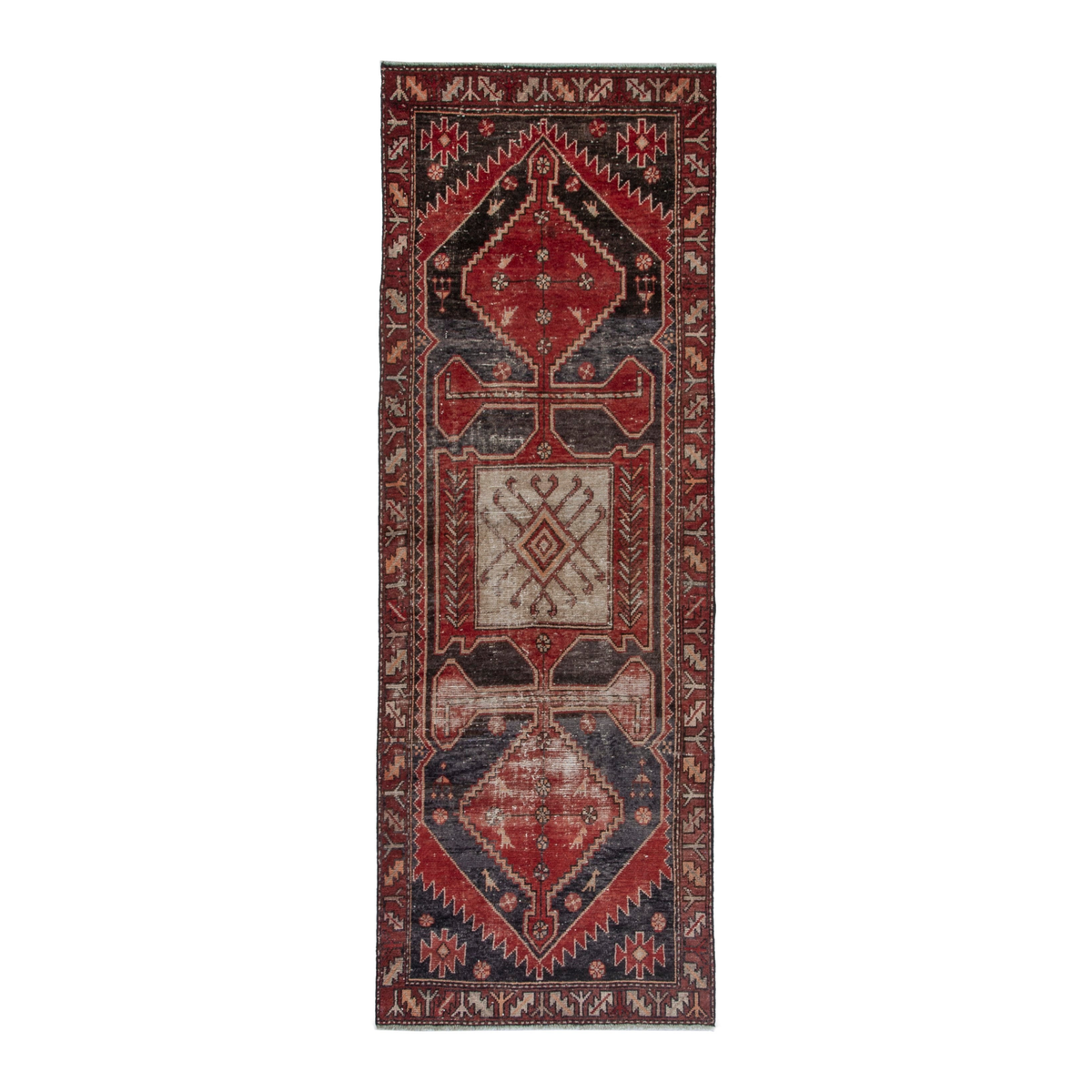 Persian Saveh runner rug in deep red and charcoal, 3'7" x 10'