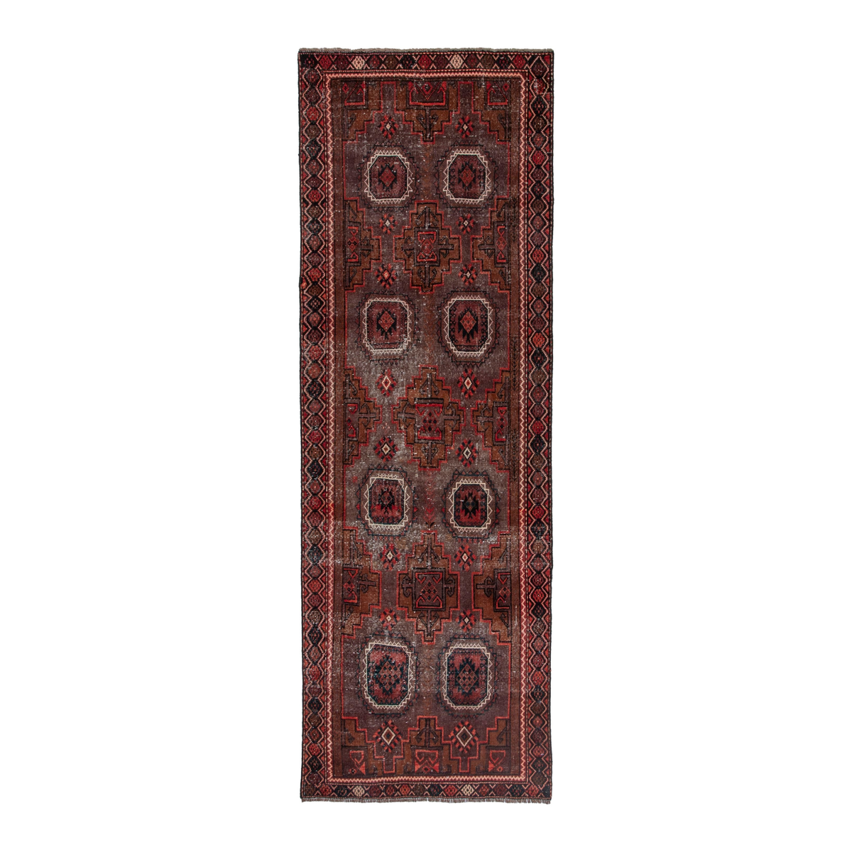 Persian Baluch runner rug in burgundy and deep red, 3'5" x 9'4"