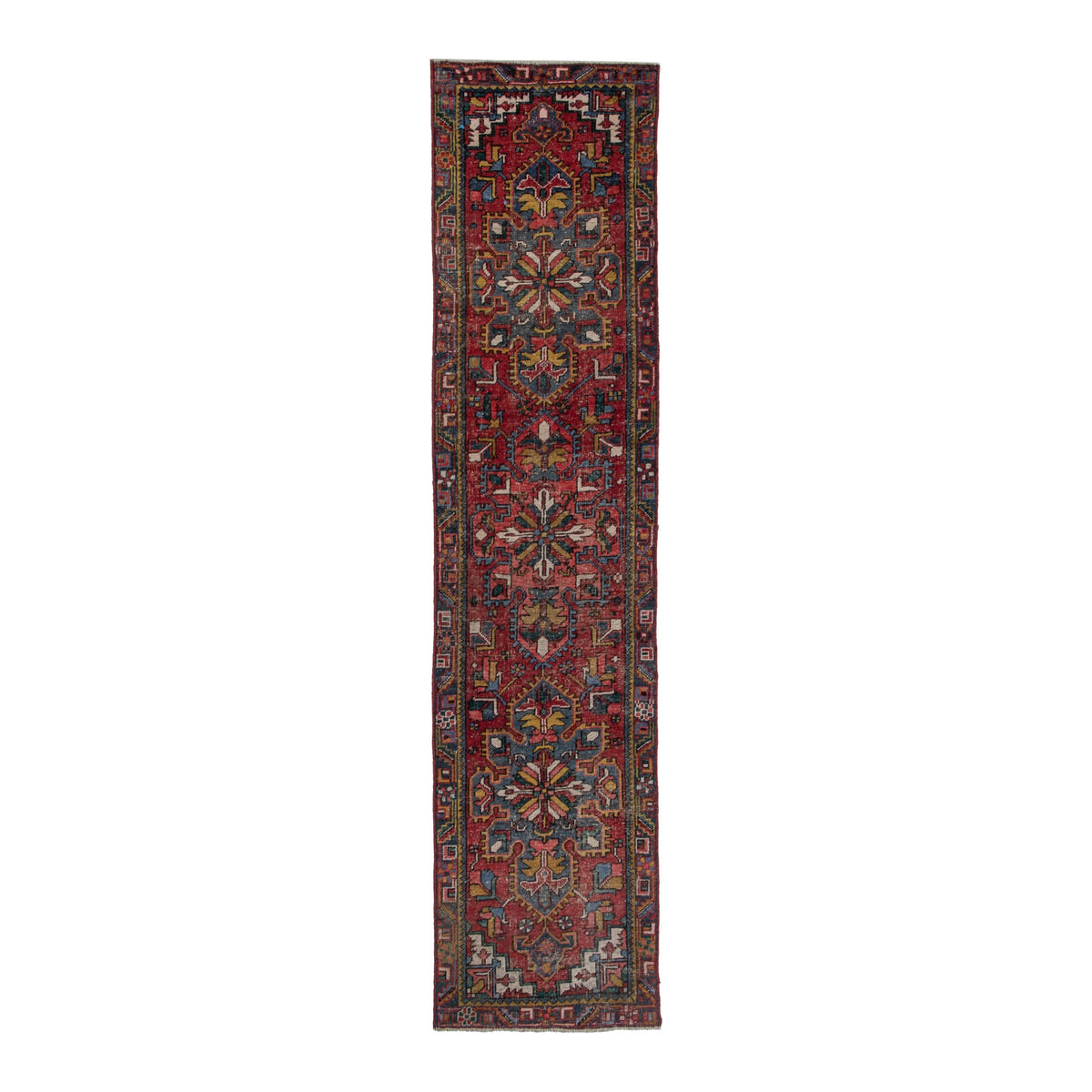 Persian Gharajeh runner rug in deep red and denim, 2'8" x 10'8"