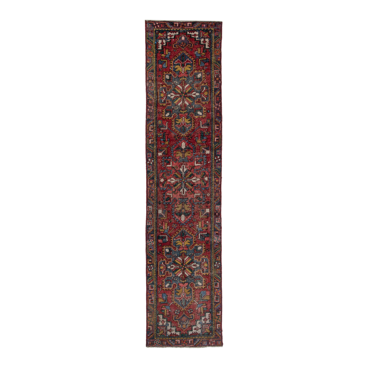 Persian Gharajeh runner rug in deep red and denim, 2'8" x 10'8"