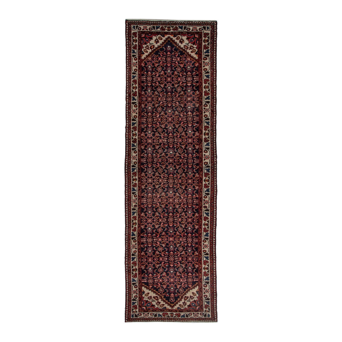 Persian Hamedan runner rug in burgundy and ivory, 3'5" x 10'9"