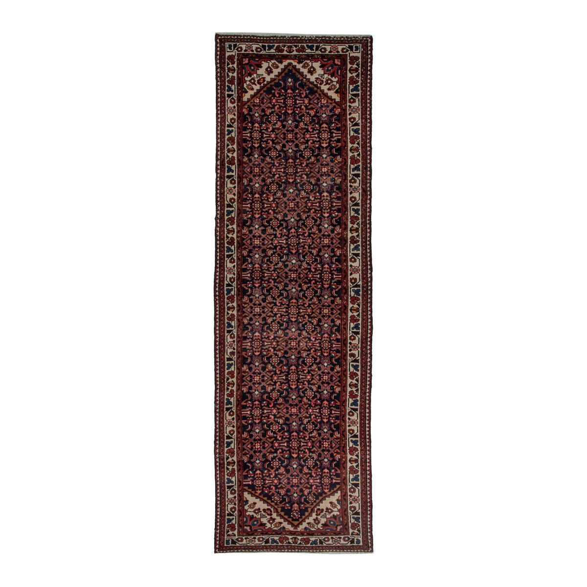 Persian Hamedan runner rug in burgundy and ivory, 3'5" x 10'9"
