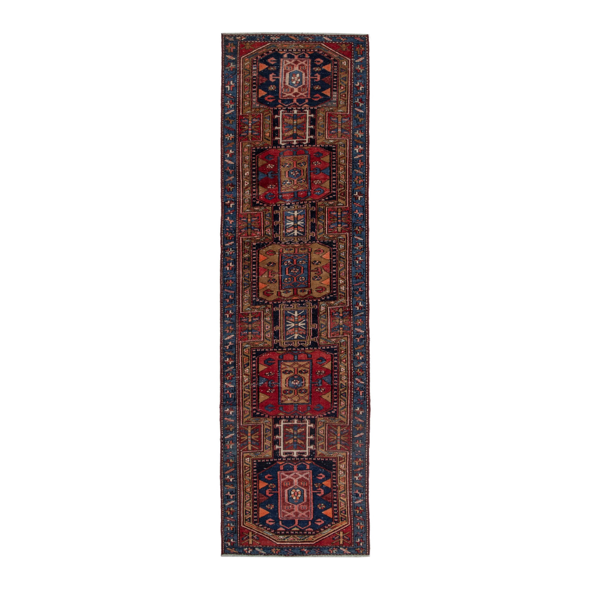 Persian Azerbaijan runner rug in deep red and dark blue, 3' x 10'2"