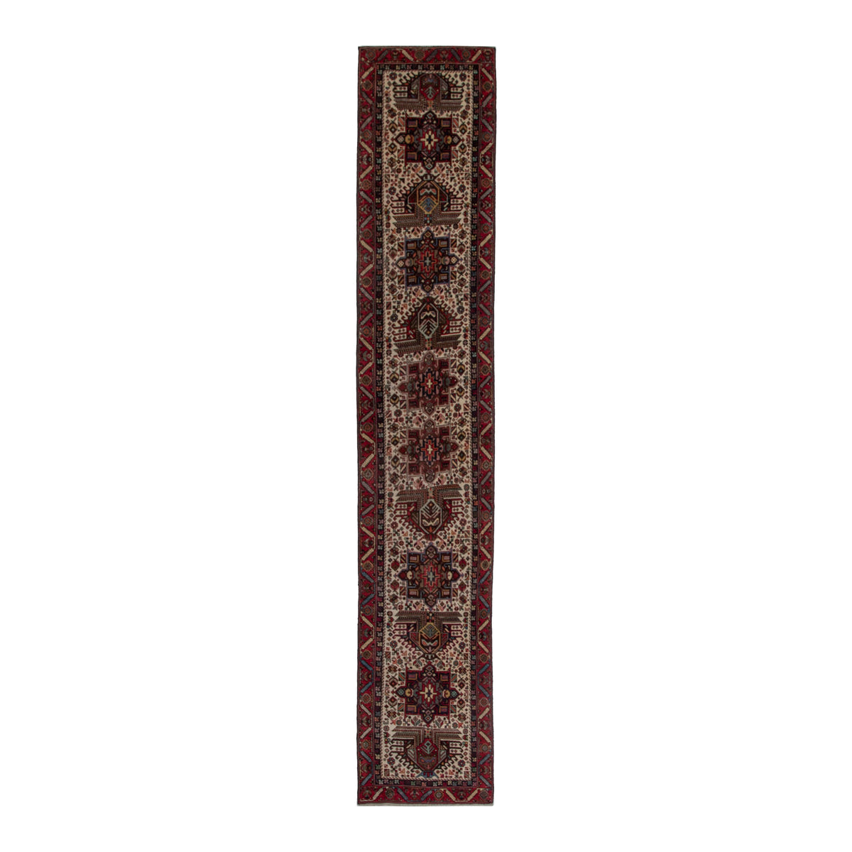 Persian Gharajeh runner rug in ivory and burgundy, 2'7" x 12'10"