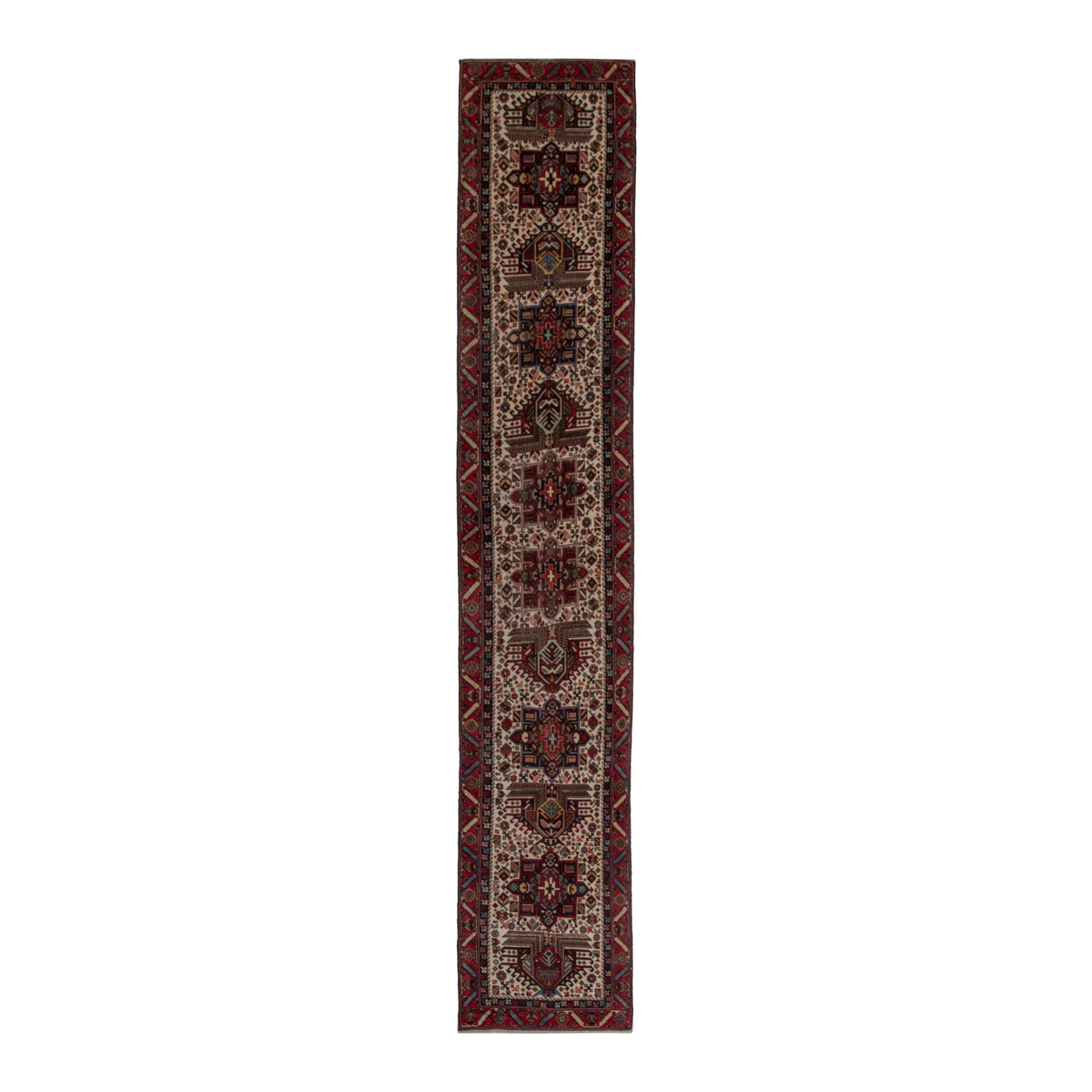 Persian Gharajeh runner rug in ivory and burgundy, 2'7" x 12'10"