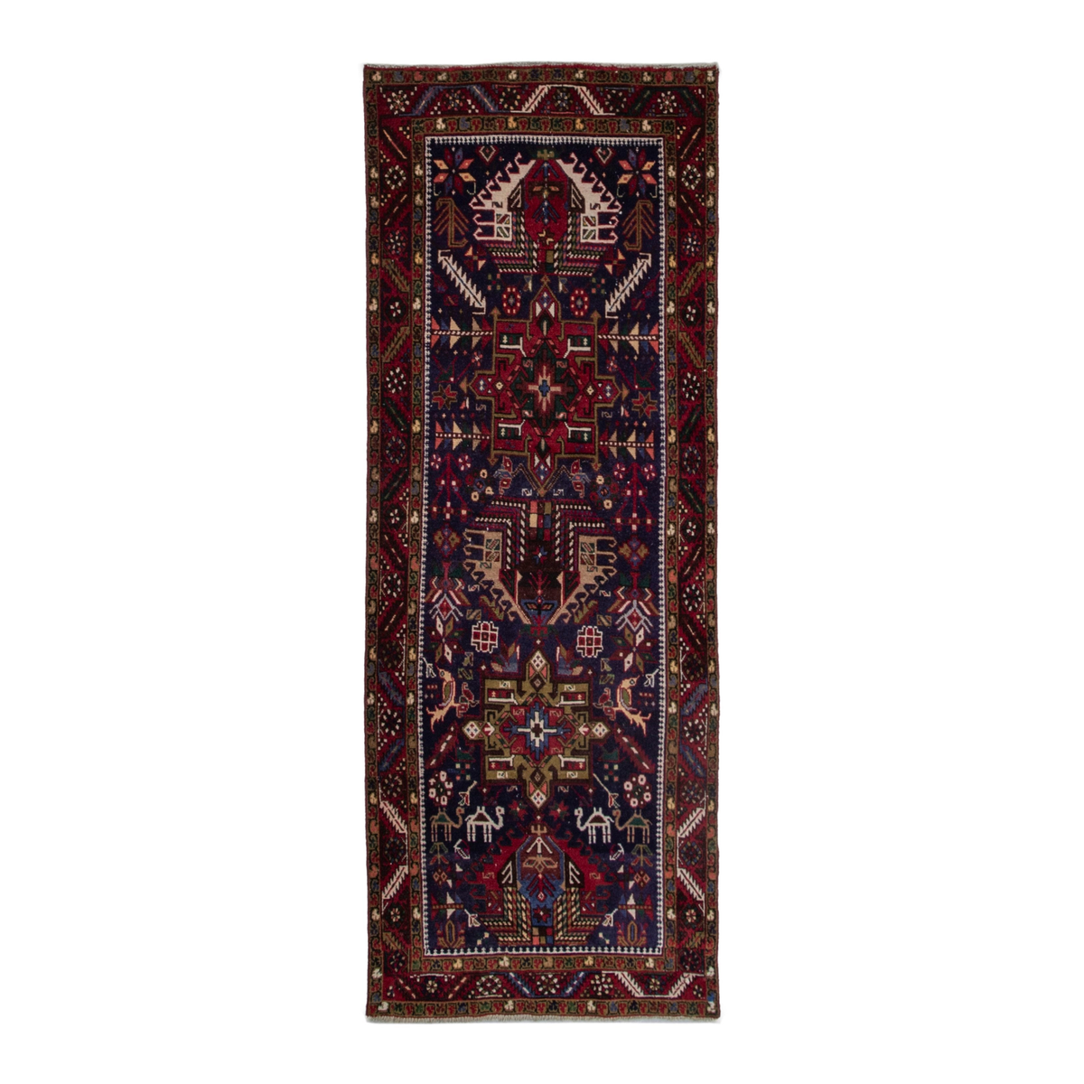 Persian Gharajeh runner rug in navy and burgundy, 3'1" x 7'7"