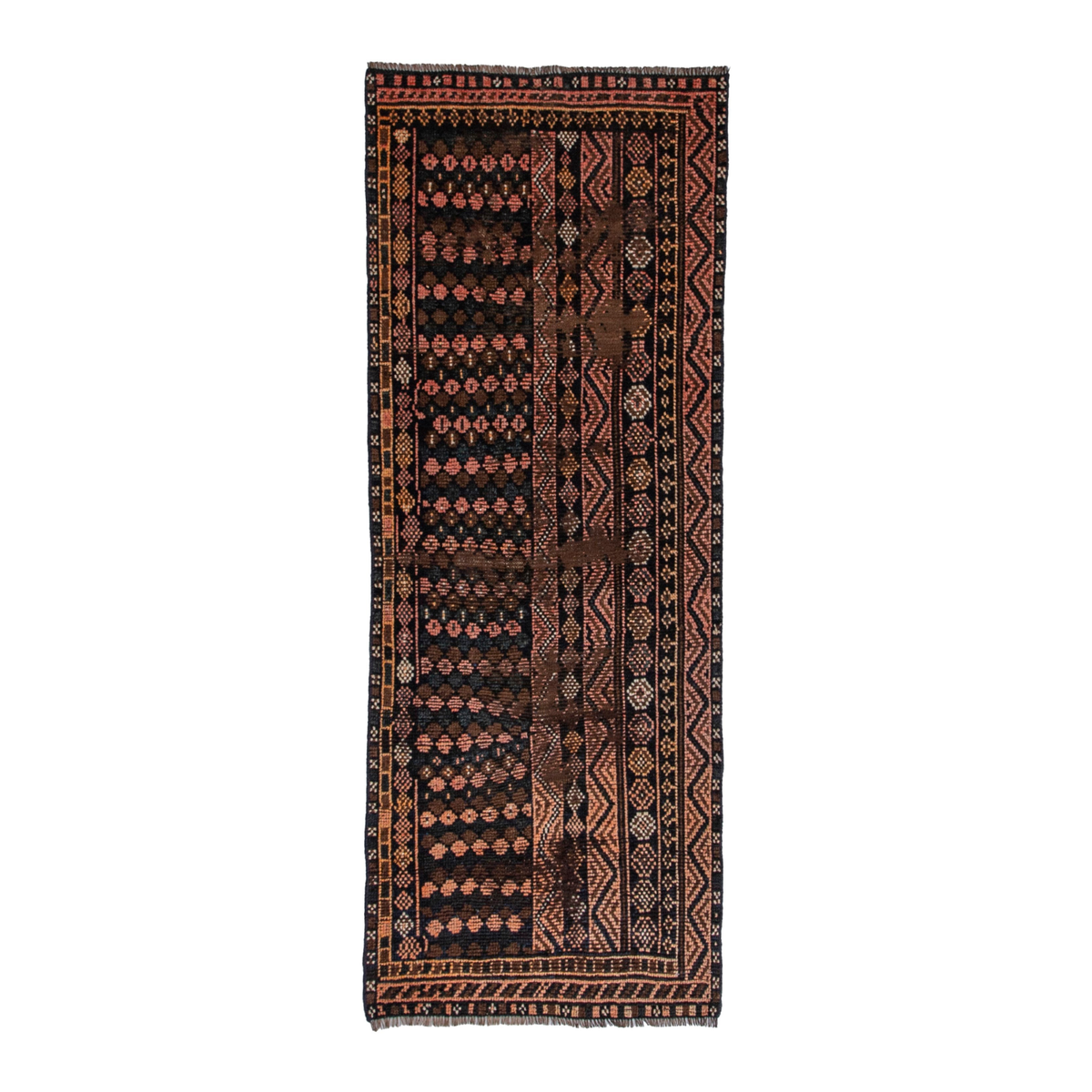 Persian Shiraz runner rug in dark brown and terracotta, 3'2" x 7'7"