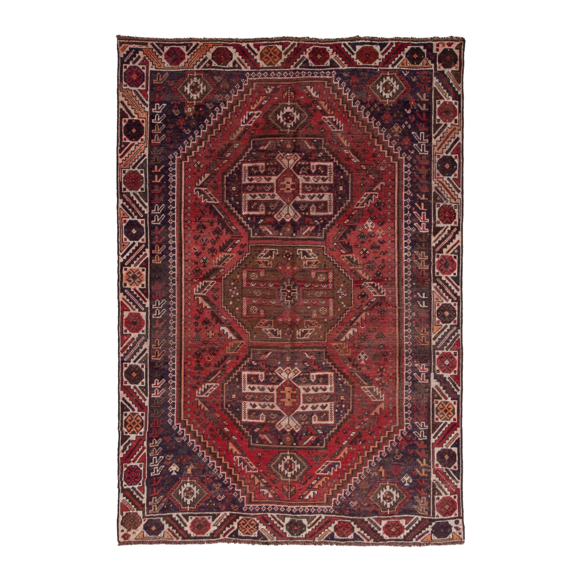 Persian Shiraz area rug in deep red and burgundy, 4'11" x 6'9"