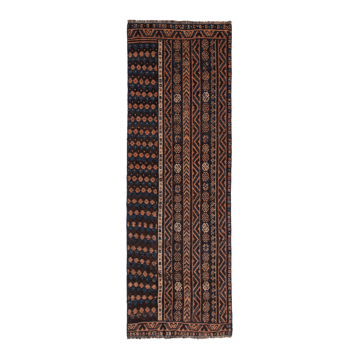Persian Shiraz runner rug in navy and rust, 2'11" x 8'4"