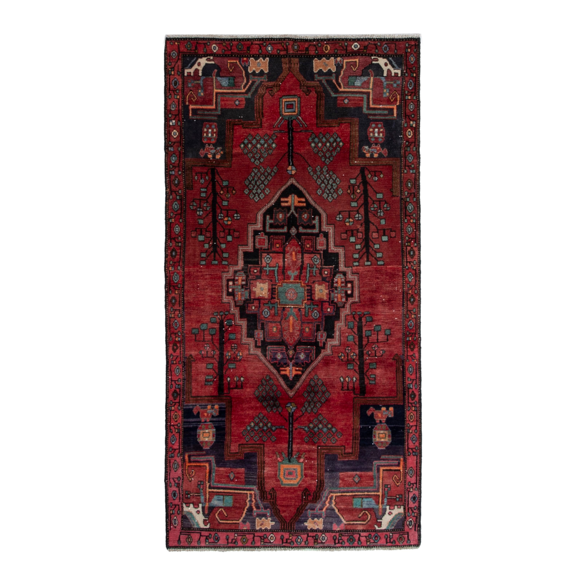 Persian Songhor area rug in deep red and dark blue, 3'5" x 6'9"