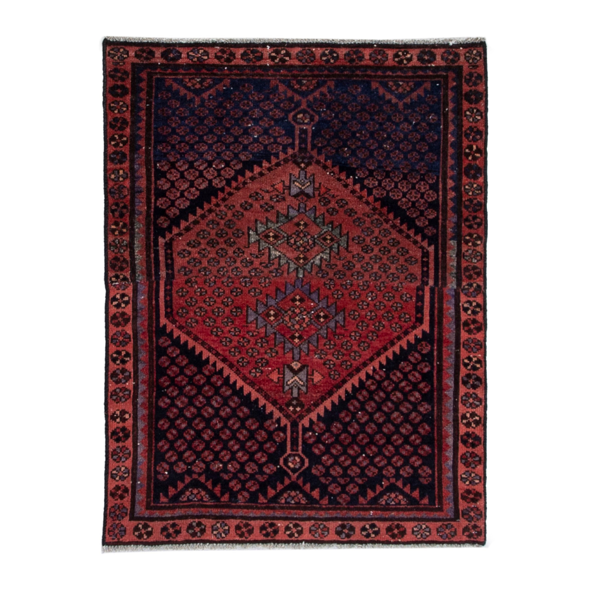 Persian Zanjan accent rug in navy and rust, 3'3" x 4'1"