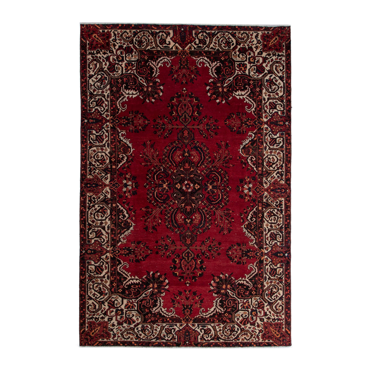 Persian Bakhtiari oversized rug in deep red and cream, 7'3" x 10'10"