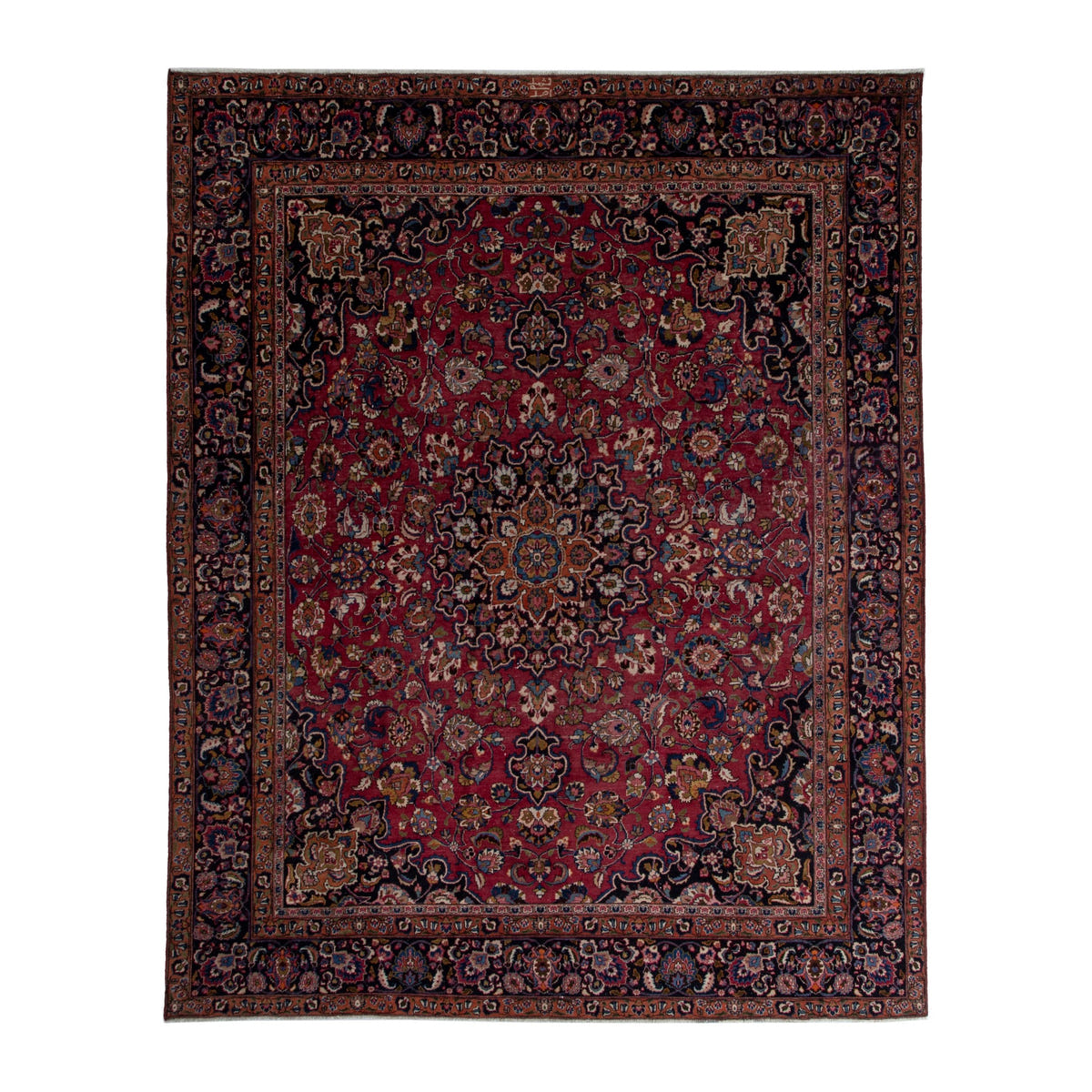 Persian Mashhad oversized rug in burgundy and navy, 9'10" x 12'
