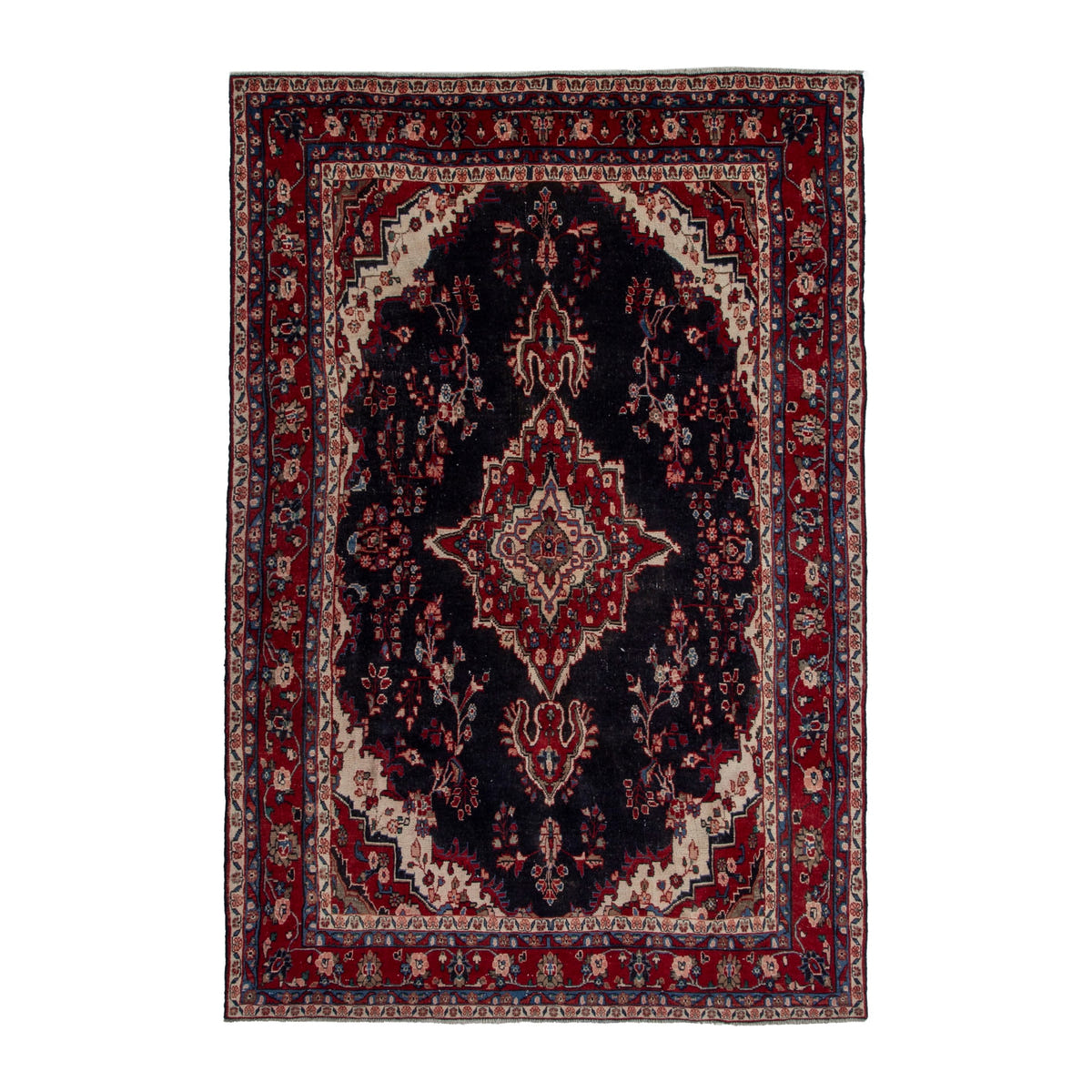 Persian Hamedan area rug in navy and burgundy, 6'11" x 10'3"