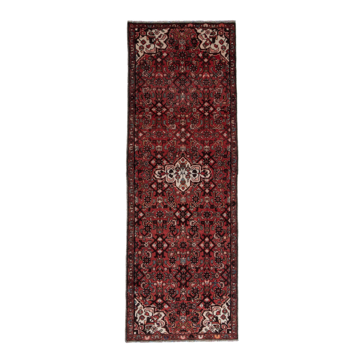 Persian Hamedan runner rug in deep red and off-white, 3'1" x 8'8"