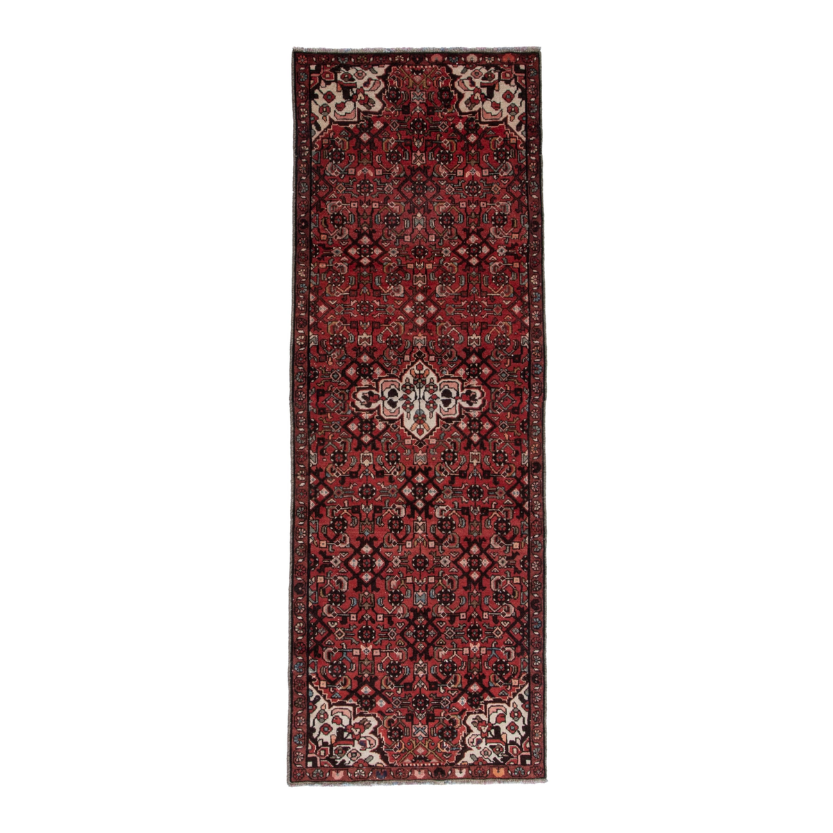 Persian Hamedan runner rug in deep red and off-white, 3'1" x 8'8"