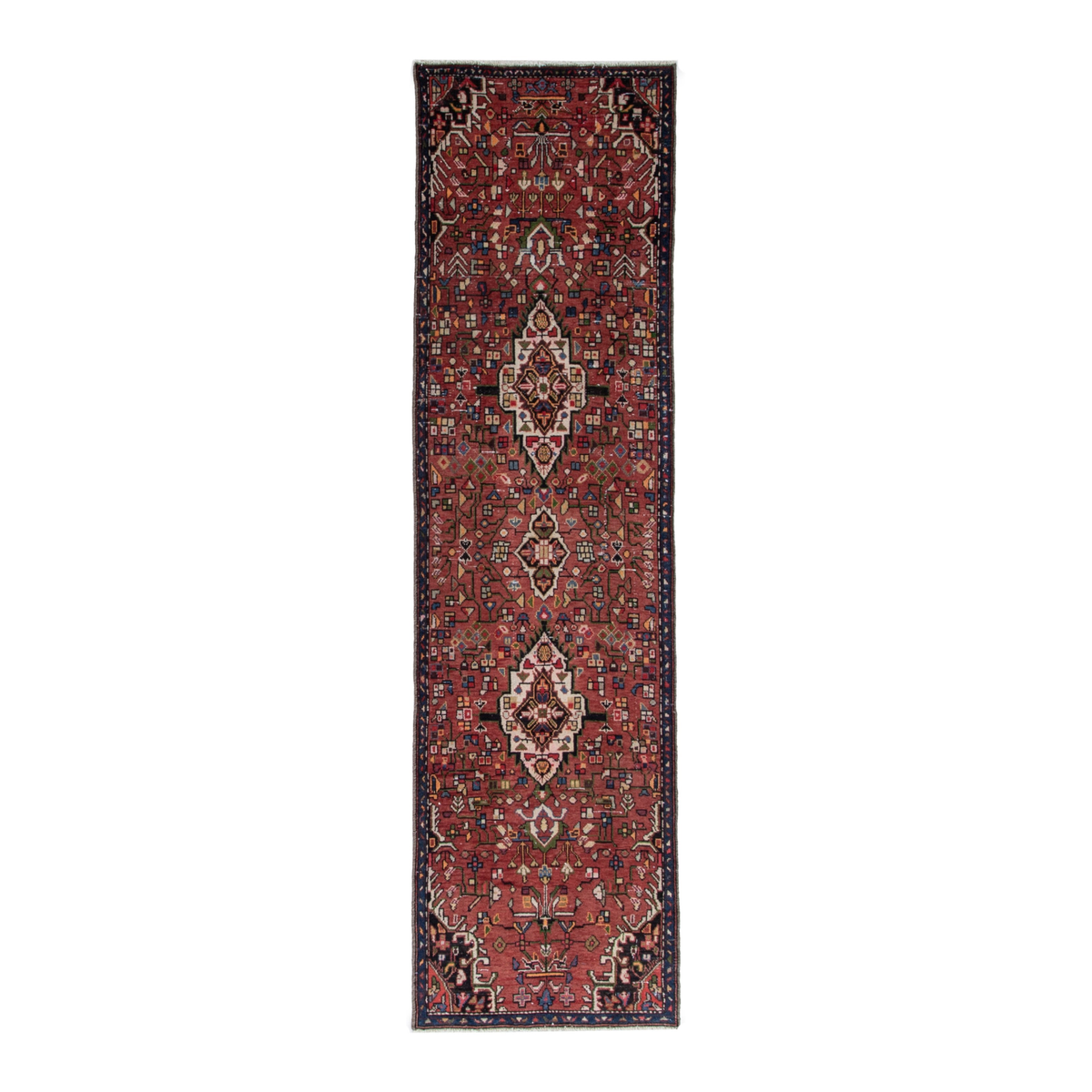 Persian Hamedan runner rug in deep red and ivory, 2'7" x 10'2"