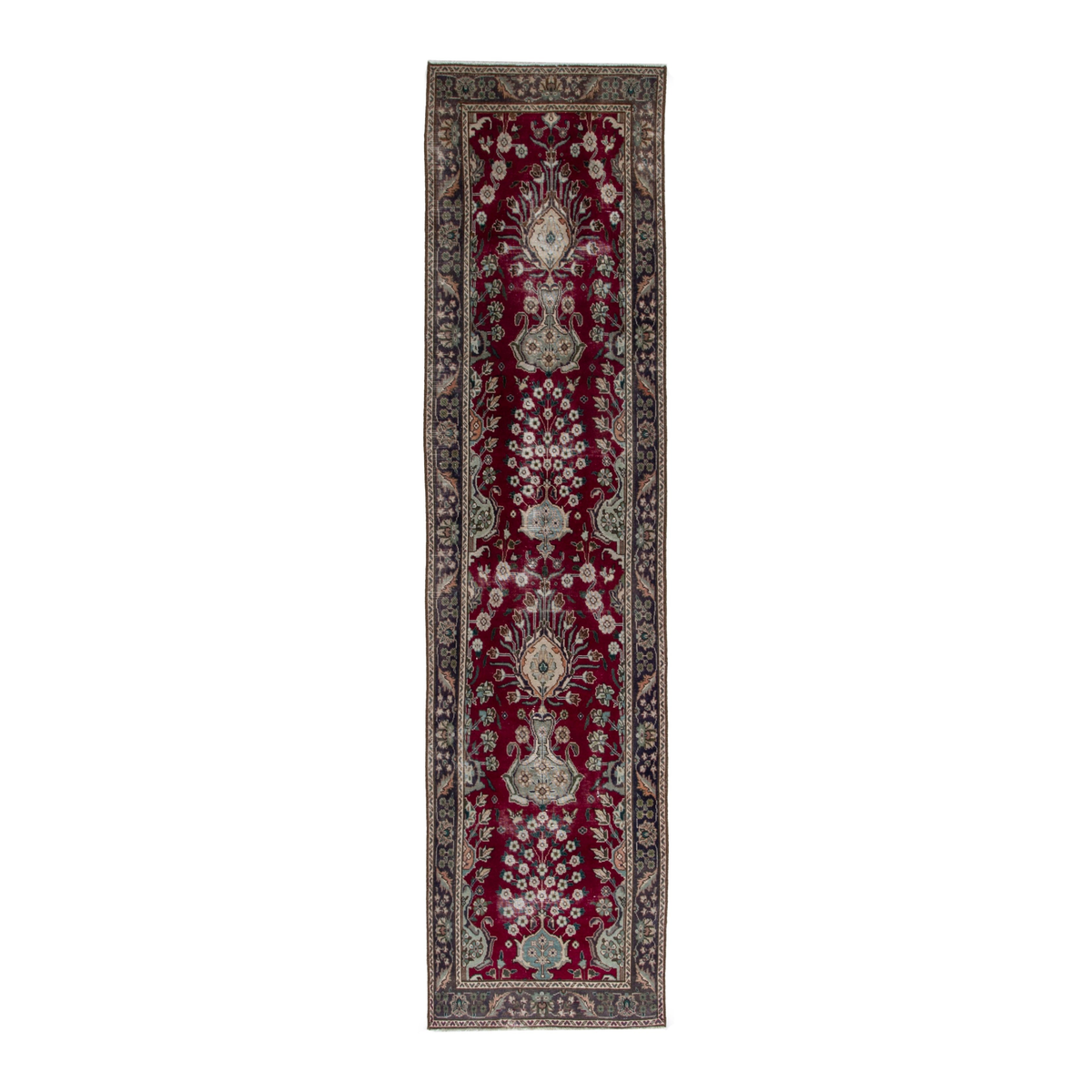 Persian Tabriz runner rug in burgundy and charcoal, 2'7" x 9'11"