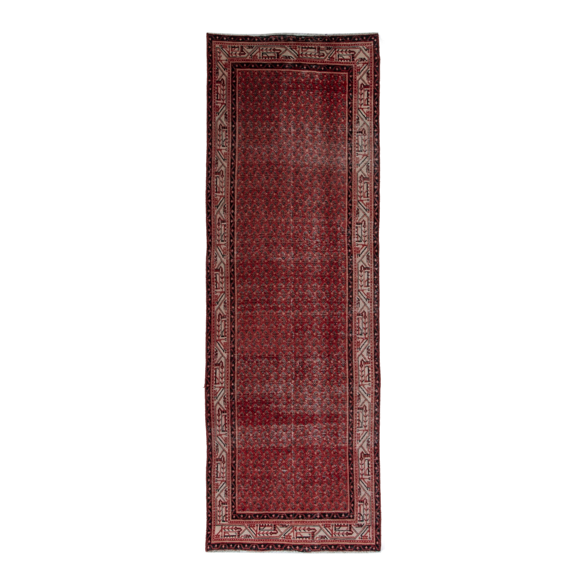 Persian Botteh runner rug in deep red and muted pink, 3'5" x 10'1"