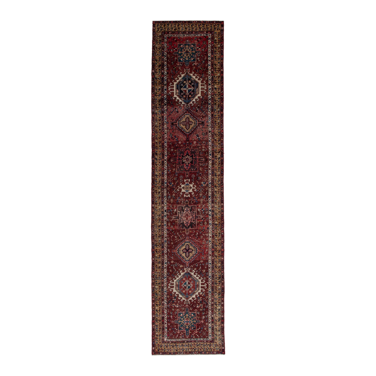 Persian Gharajeh runner rug in burgundy and rust, 3'1" x 13'11"