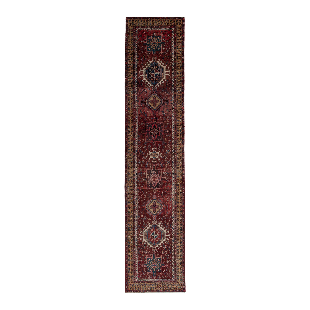 Persian Gharajeh runner rug in burgundy and rust, 3'1" x 13'11"