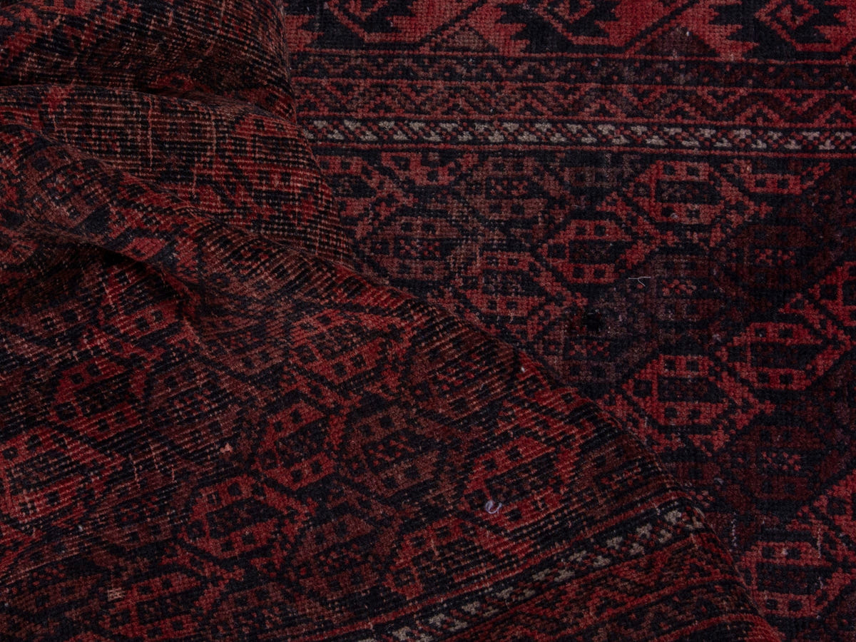 Persian Baluch accent rug in dark brown and faded red, view 19 of 21