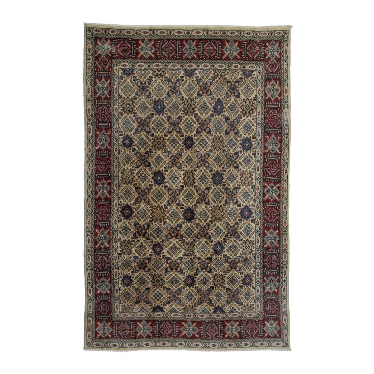 Persian Yazd area rug in straw and burgundy, 6'11" x 9'11"